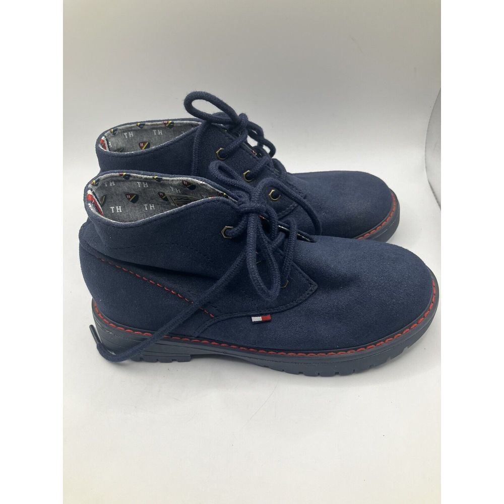 Tommy Hilfiger Boys Blue Suede Red Top stitch Lace Up Chukka Boots Shoes SZ 1 -M - Picture 6 of 6